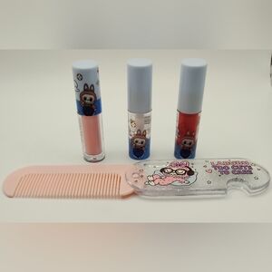 Labubu Cute Pink Comb with Lip Gloss Trio-Soft Pink, Clear, & Matte Brown